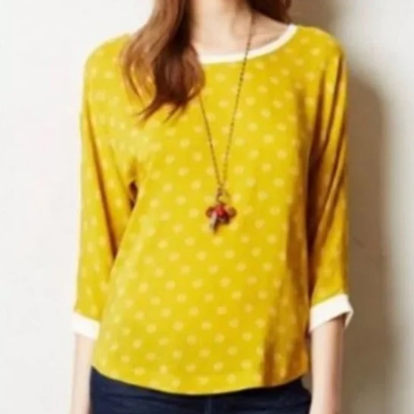 MAEVE Anthropologie Top Size 2 Mustard Yellow Polka Dot 3/4 Sleeve Blouse - Picture 3 of 16